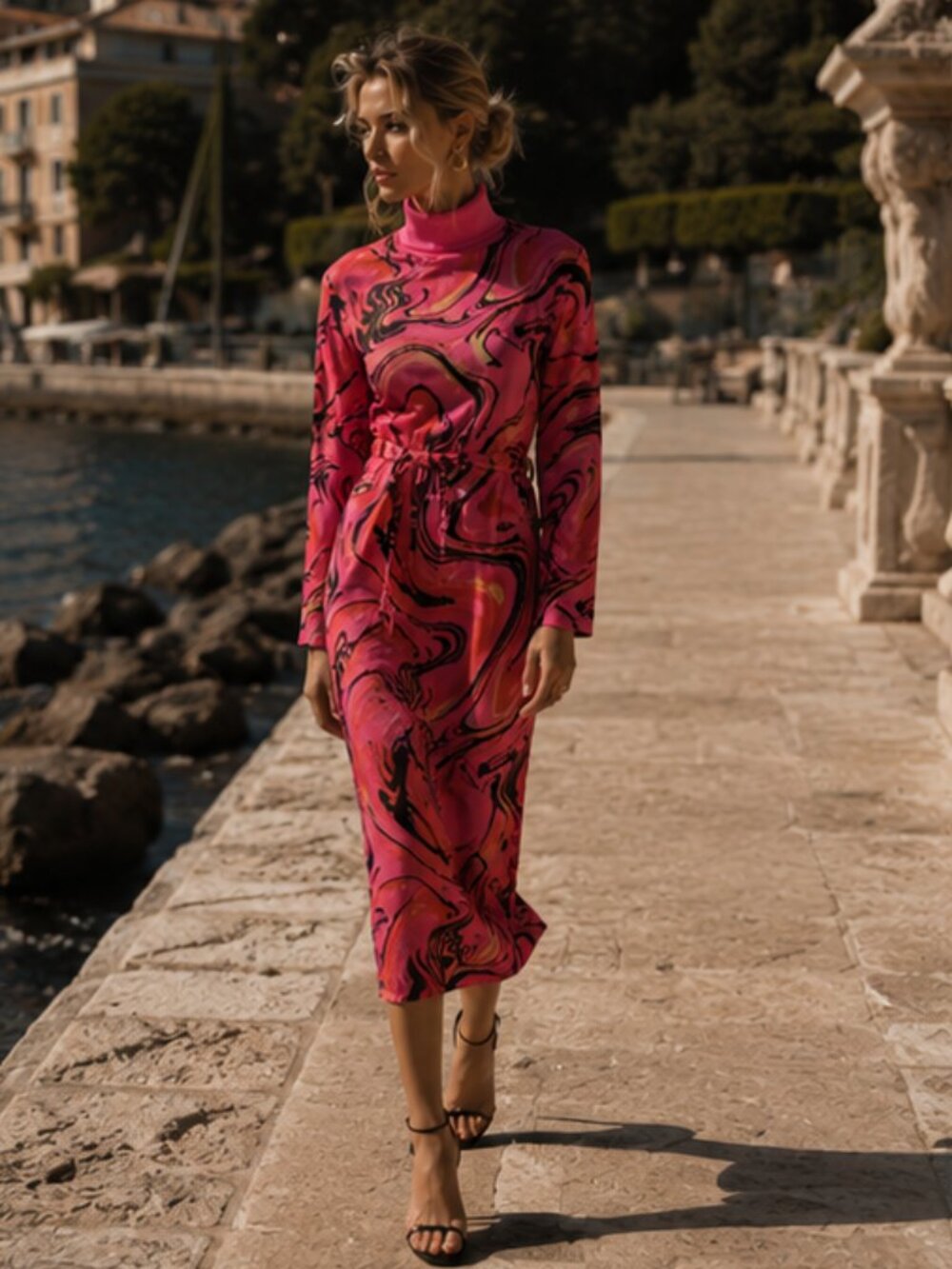 Zara Belted Jacquard Knit Sweater Midi Dress Pink Sz Small NWT - Picture 2 of 16